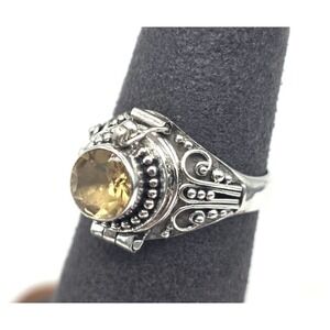 Yellow Citrine Round Poison Ring Size 6 Pill Box Sterling Silver 925 Handmade